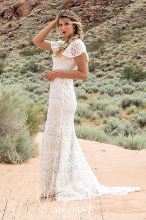TR12030 Lace Modest Wedding Dress with flutter sleeves A-Line great for plus size brides Boho design side view