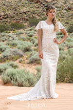 TR12030 Lace Modest Wedding Dress with flutter sleeves A-Line great for plus size brides Boho design Front Glam view