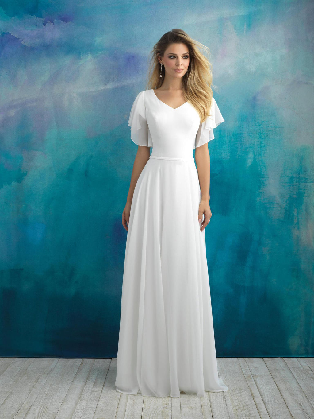 Allure Bridals M595 Modest Wedding Dress with flare sleeves LDS cheap bridal gown front