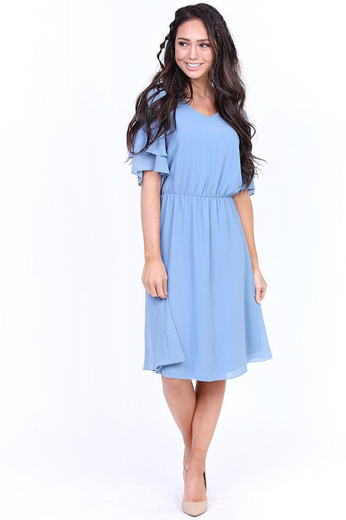 Claire Blue Modest Chiffon Dress | A Closet Full of Dresses