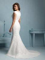Allure M534 Modest Wedding Dress with sleeves elegant illusion neckline silver belt LDS