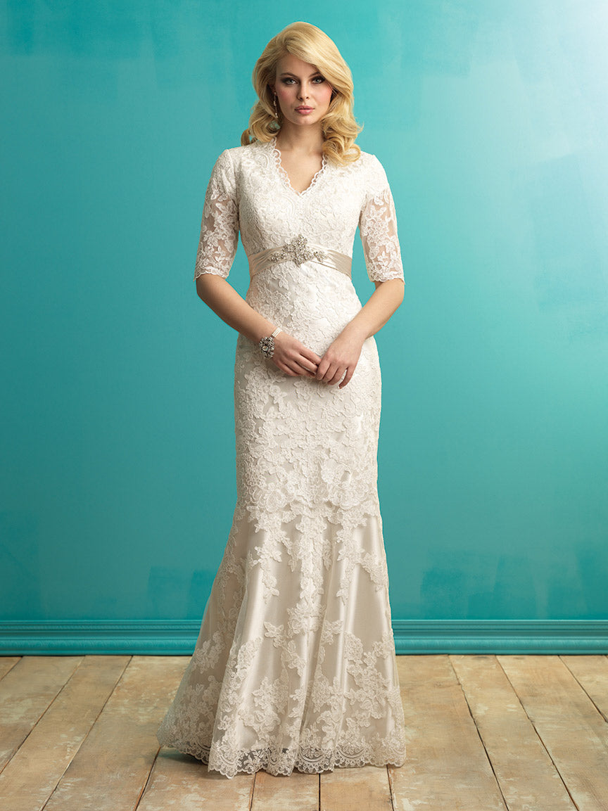 Allure Bridals M546 Modest Wedding dresses with 3/4 sleeves elegant lace silver belt for plus size LDS