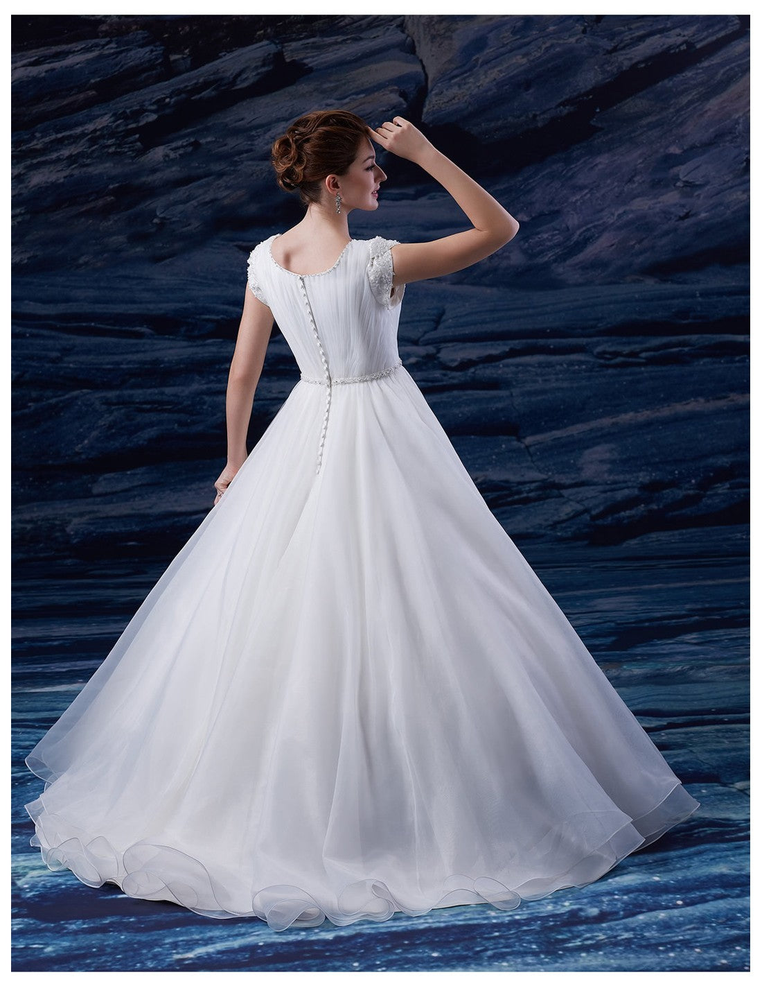 Venus Bridal TB7677 White Modest Wedding Dress back view from A Closet Full of Dresses