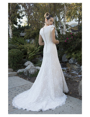 TB7697 modest wedding dress with cap sleeves sweetheart neckline lds temple bridal gown back view