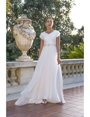 Venus Bridal TB7759 Modest Wedding Dress Front from A Closet Full of Dresses
